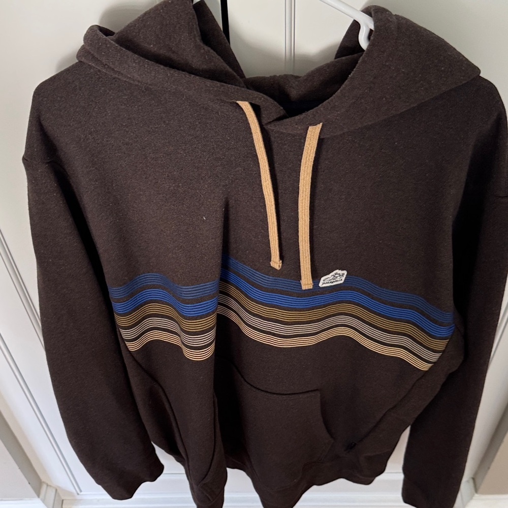 Men's Patagonia Brown Hoodie with Blue and Tan Stripes